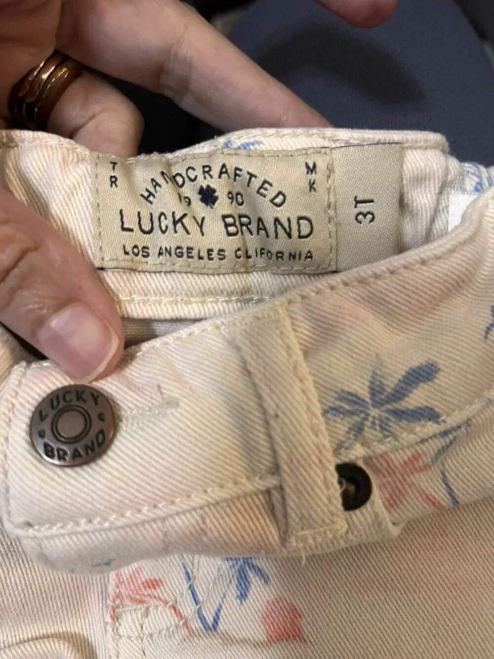 Lucky Brand Riley Shorts Girls Sz 3T Palm Trees Raw Hem Denim 5 Pocket Stretch